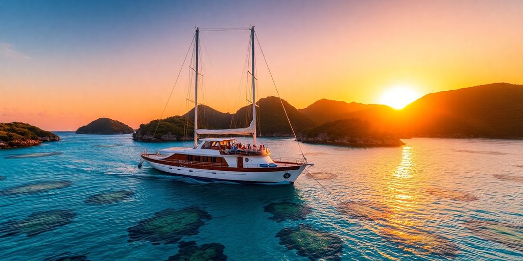 Phinisi yacht in Komodo's turquoise waters at sunset.