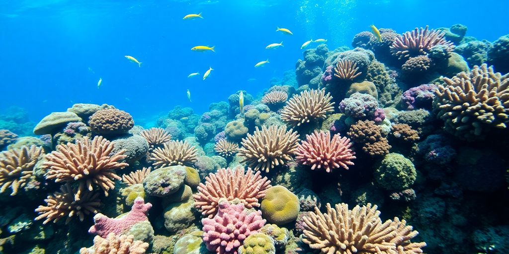 Underwater scene with colorful coral and marine life.