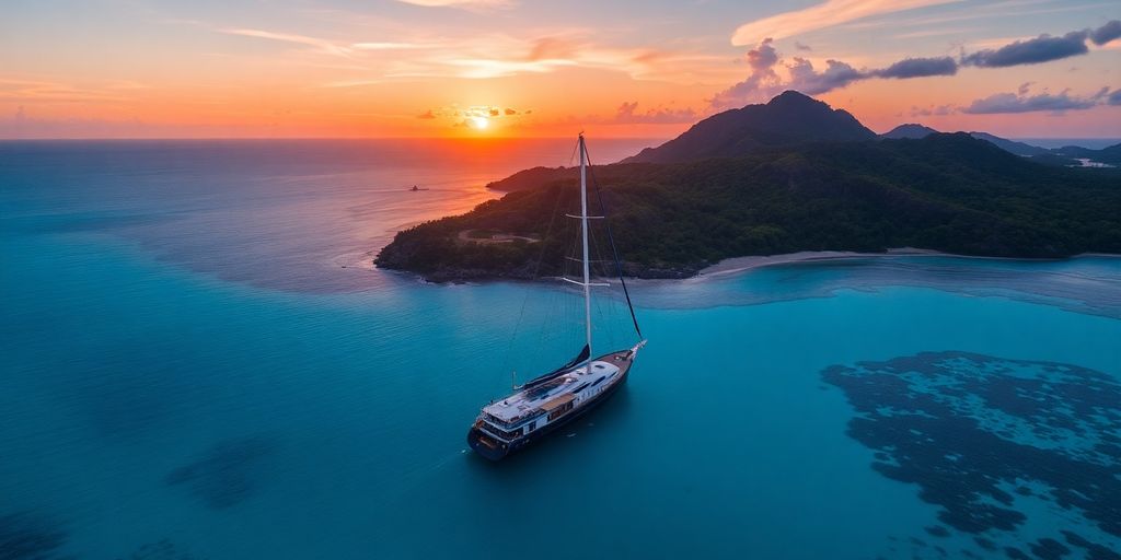 Phinisi boat sailing in turquoise waters of Komodo Island.