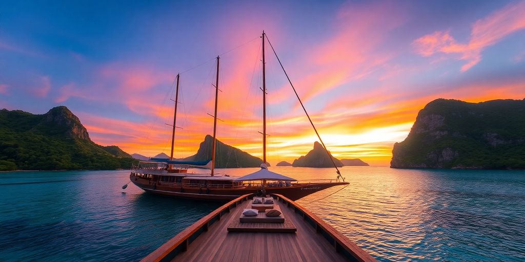 Luxury Phinisi boat in beautiful Komodo waters at sunset.